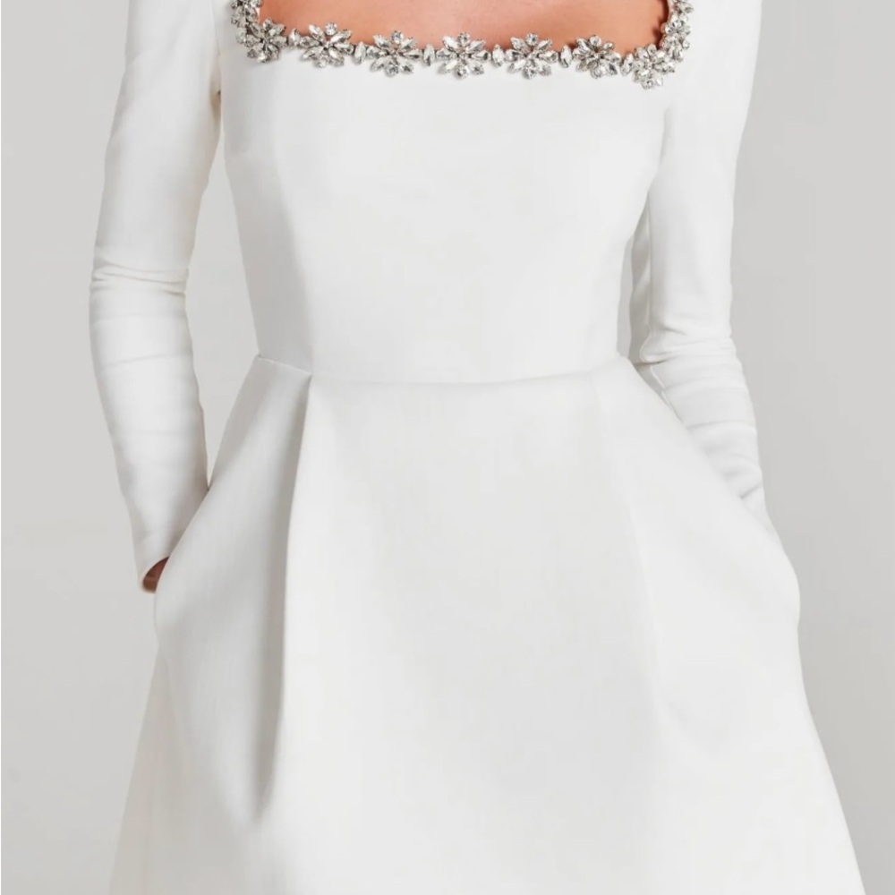 Alexia Square Collar rhinestone trim White Mini Dress